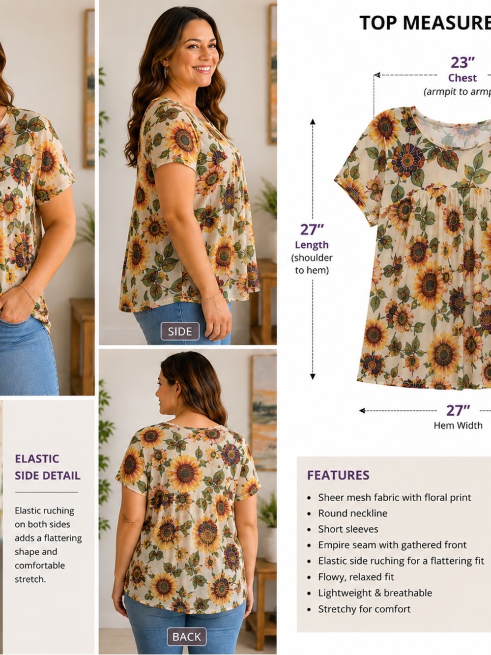 Passport Beige Sunflower Floral Short-Sleeve Blouse - Picture 2 of 6